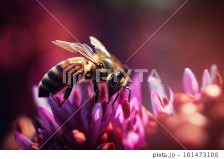 Honey bee at flower, macro closeup, AI generative image Honey bee at flower, macro closeup, AI generative image 101473108