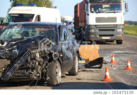 Fencing Road Accident Site By Police Cones On A Highway 101473130