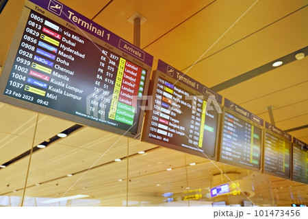 Flight information board at Singapore Changi Airport 31 March 2023 Flights information board and machine in airport terminal. 101473456