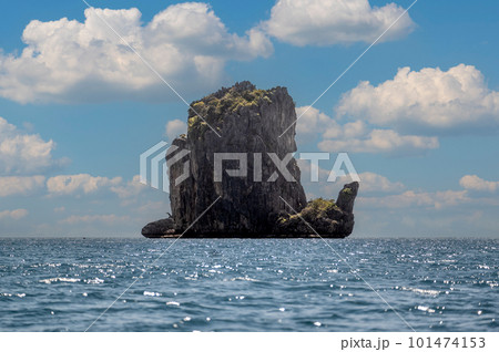 Phi Phi Le Islands, Krabi Province. Amazing nature scenic landscape with boat for traveler. Beautiful seascape. Tourist on Long tail boat trip. Tourism destination place Asia 101474153
