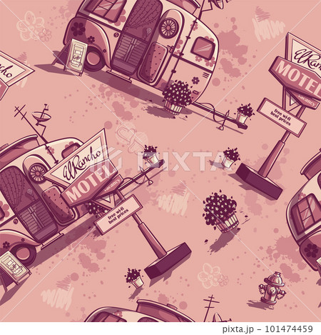 Vector texture illustration trailer motel in a pink color 101474459