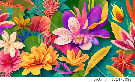 Tropical plants and flowers are featured in a colorful, brilliant flowery background. Generative AI. 101475085