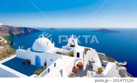 The idyllic blue and white belfries of Santorini Island, Greece. Generative AI. The idyllic blue and white belfries of Santorini Island, Greece. Generative AI. 101475124