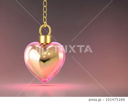 A gold chain is hung with a perfume bottle in the shape of a heart. Generative AI. 101475169