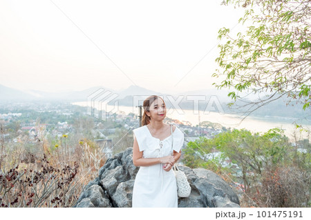 Portrait of Young Asian women at Mount Phou Si ,Luang Prabang in Laos 101475191