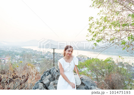 Portrait of Young Asian women at Mount Phou Si ,Luang Prabang in Laos 101475193