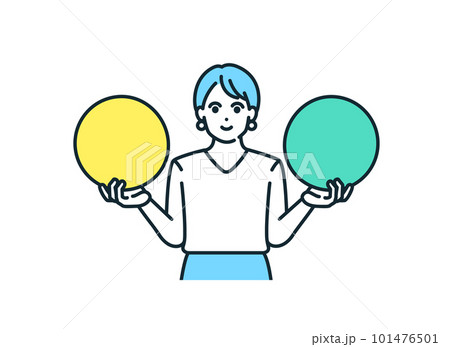 2つの選択肢を掲げる女性。かわいいビジネスパーソンのイラスト素材。 101476501