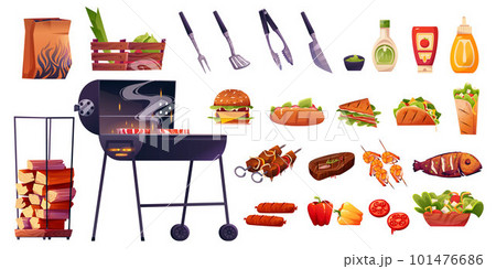 Cartoon bbq grill set for picnic with meat, fish 101476686
