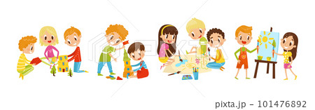Kids Engaged in Handicraft Doing Handmade Creative Things Vector Set Kids Engaged in Handicraft Doing Handmade Creative Things Vector Set 101476892