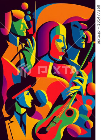 Illustration of abstract musician play music on big concert Created with Generative AI technology. 101477269