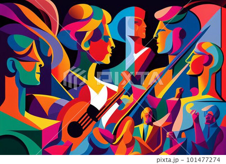 Illustration of abstract musician play music on big concert Created with Generative AI technology. 101477274