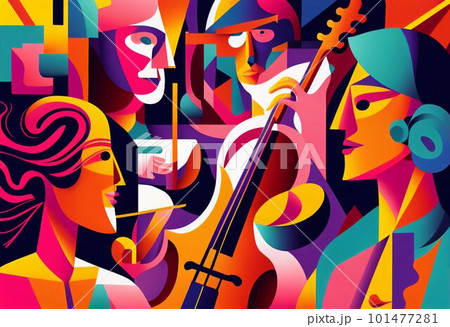 Illustration of abstract musician play music on big concert Created with Generative AI technology. 101477281