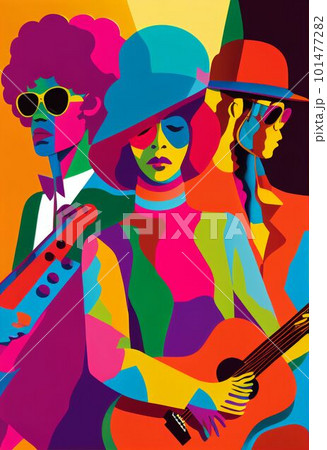 Illustration of abstract musician play music on big concert Created with Generative AI technology. 101477282
