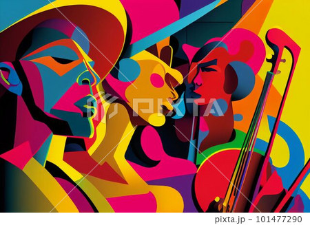 Illustration of abstract musician play music on big concert Created with Generative AI technology. 101477290