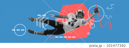 Contemporary art collage with american football player in sports uniform and protective equipment training with ball over blue background with drawings. Banner Contemporary art collage with american football player in sports uniform and protective equipment training with ball over blue background with drawings. Banner 101477392