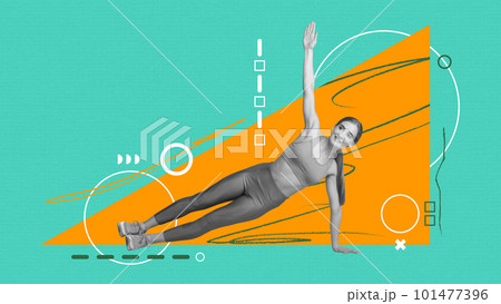 Contemporary art collage with beautiful sporty girl doing exercises over cyan background. Pilates, yoga training Contemporary art collage with beautiful sporty girl doing exercises over cyan background. Pilates, yoga training 101477396