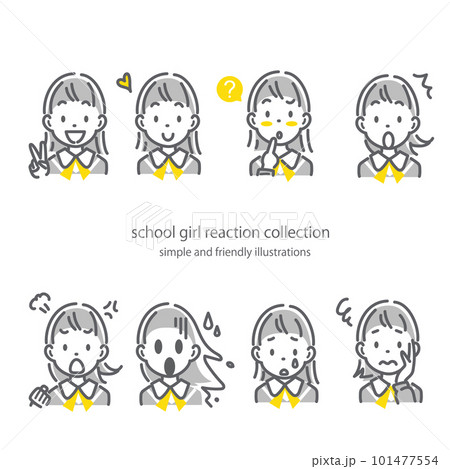 女子高生の表情いろいろイラストセット　シンプルでかわいい線画イラスト 101477554