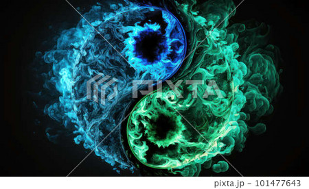 Yin-yang or Tai Chi symbol made of green and blue fire on black background created with generative AI technology Yin-yang or Tai Chi symbol made of green and blue fire on black background created with generative AI technology 101477643