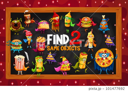 Find two same fast food characters. Difference spotting quiz, details or same picture finding game vector worksheet with donut, coffee, burrito and pizza, popcorn, ice cream, hamburger hero personages 101477692