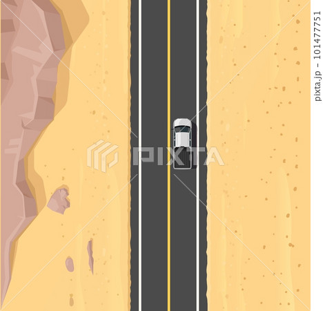 Desert road top view landscape with vector sand, car and mountain rocks. White pickup truck driving on speed asphalt road or highway across Arizona, Mexico or Texas desert nature, car trip or travel 101477751