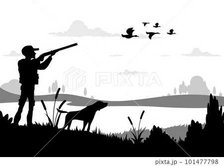 Hunting silhouette, hunter with shotgun, dog, duck flock and pond landscape, vector background. Hunt open season poster with silhouette of hunter with rifle aiming and shooting to flying ducks flock 101477798