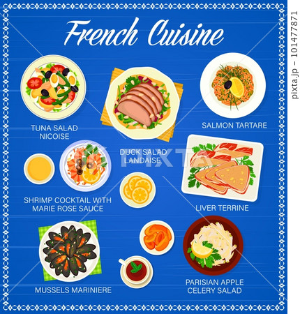 French cuisine menu, vector tuna salad nicoise, duck salad landaise and salmon tartare. Shrimp cocktail with marie rose sauce, liver terrine, mussels mariniere or parisian apple celery salad meals 101477871