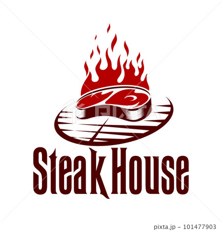 Steak grill icon, barbecue party or bbq restaurant meat food menu. Vector beef or pork, fire flame, grate or grid of charcoal grill isolated symbol of steak house or bbq bar, barbeque or picnic themes 101477903