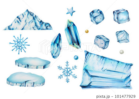 Watercolor set of snow mountains and ice crystals, snowflakes, snowballs, pieces of ice. Hand painting clipart block of ice on a white isolated background. For designers, decoration, postcards Watercolor set of snow mountains and ice crystals, snowflakes, snowballs, pieces of ice. Hand painting clipart block of ice on a white isolated background. For designers, decoration, postcards 101477929