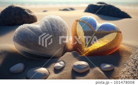 Two hearts on tropical beach sand created with generative AI technology 101478008