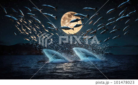 Fish jumping out of the water at night with the moon at the background created with generative AI technology 101478023