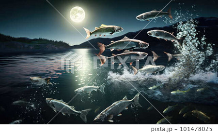 Fish jumping out of the water at night with the moon at the background created with generative AI technology Fish jumping out of the water at night with the moon at the background created with generative AI technology 101478025