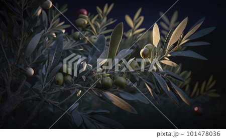 Branches of olive tree with olives with full moon on the background created with generative AI technology Branches of olive tree with olives with full moon on the background created with generative AI technology 101478036