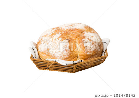 Freshly baked bread on basket isolated on white background. Perspective view bread copy space Freshly baked bread on basket isolated on white background. Perspective view bread copy space 101478142