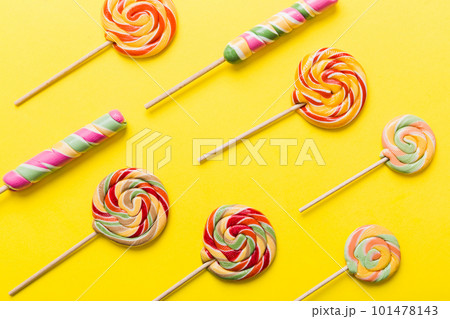 Set of colorful lollipops on colored background. Summer concept. Party Happy Birthday or Minimalist Concept 101478143