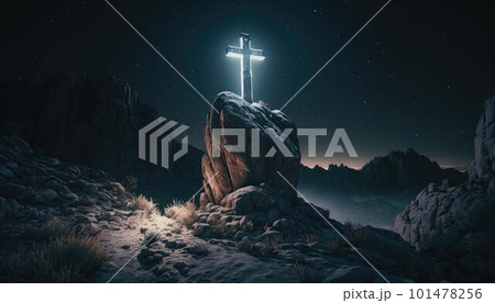 Cross standing on high rock glowing at night created with generative AI technology Cross standing on high rock glowing at night created with generative AI technology 101478256