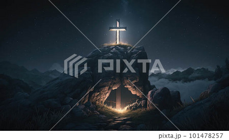 Cross standing on high rock glowing at night created with generative AI technology Cross standing on high rock glowing at night created with generative AI technology 101478257