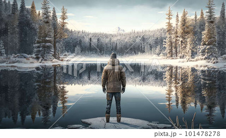 Rear view of man looking on a frozen lake surrounded by forest in snow created with generative AI technology Rear view of man looking on a frozen lake surrounded by forest in snow created with generative AI technology 101478278
