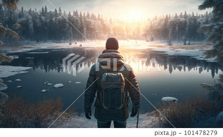 Rear view of man looking on a frozen lake surrounded by forest in snow created with generative AI technology Rear view of man looking on a frozen lake surrounded by forest in snow created with generative AI technology 101478279