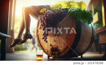 Woman rests in a barrel of grapes after wine tasting created with generative AI technology 101478280