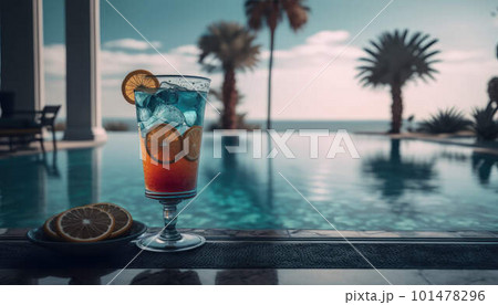 Cocktail on the edge of the pool overlooking the sea, holiday concept created with generative AI technology 101478296