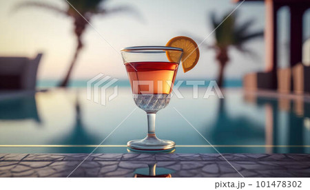 Cocktail on the edge of the pool overlooking the sea, holiday concept created with generative AI technology Cocktail on the edge of the pool overlooking the sea, holiday concept created with generative AI technology 101478302