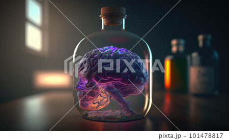 Brain in a bottle of alcohol, the concept of harm to alcohol and alcohol dependence created with generative AI technology Brain in a bottle of alcohol, the concept of harm to alcohol and alcohol dependence created with generative AI technology 101478817