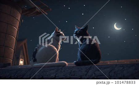 Two cat lovers sit on the roof at night created with generative AI technology 101478833