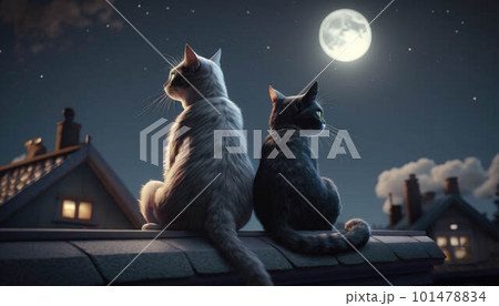 Two cat lovers sit on the roof at night created with generative AI technology 101478834