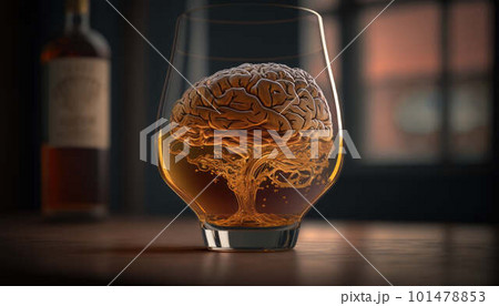 Brain in a glass of alcohol, the concept of harm to alcohol and alcohol dependence created with generative AI technology 101478853