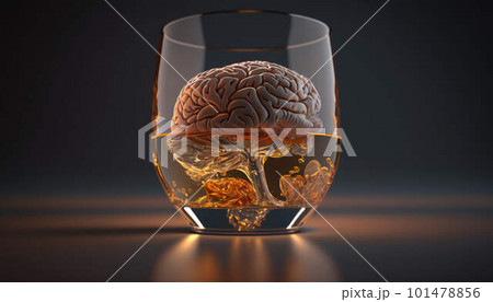 Brain in a glass of alcohol, the concept of harm to alcohol and alcohol dependence created with generative AI technology Brain in a glass of alcohol, the concept of harm to alcohol and alcohol dependence created with generative AI technology 101478856