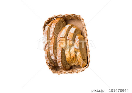 Freshly baked bread slices on basket isolated on white background. top view Sliced bread Freshly baked bread slices on basket isolated on white background. top view Sliced bread 101478944