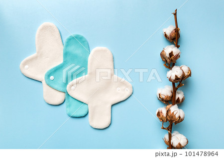 set of colorful bright reusable menstrual pads with cotton flower. zero waste woman periods concept top view with copy space set of colorful bright reusable menstrual pads with cotton flower. zero waste woman periods concept top view with copy space 101478964