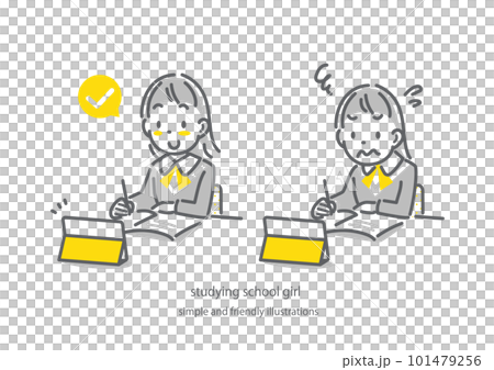 A high school girl who is doing well in online learning and a high school girl who is struggling Simple and cute line drawing illustration A high school girl who is doing well in online learning and a high school girl who is struggling Simple and cute line drawing illustration 101479256