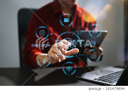 Man using chatbot in computer and tablet  smart intelligence Ai.Chat GPT Chat with AI Artificial Intelligence, developed by OpenAI generate. Futuristic technology, robot in online system.. 101479694